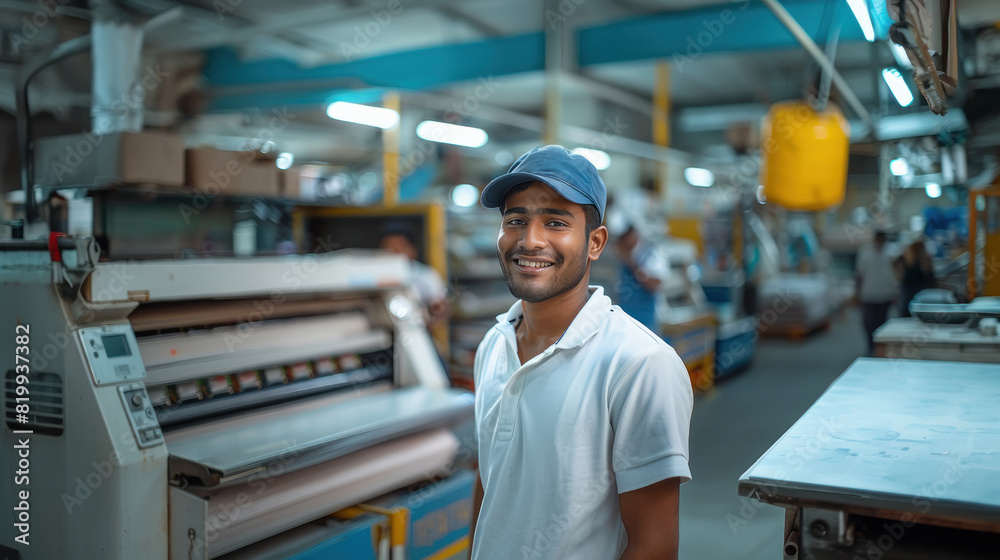 Fototapeta premium Young indian male employee standing at printing press factory