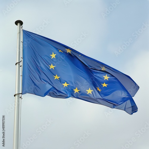 european union flag waving in the wind high on a pole