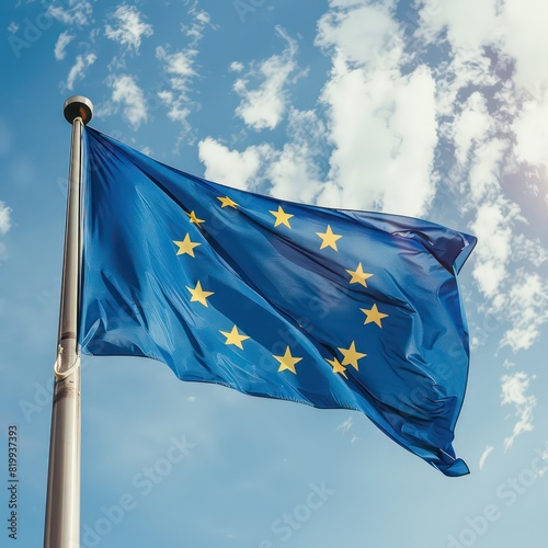 european union flag waving in the wind high on a pole