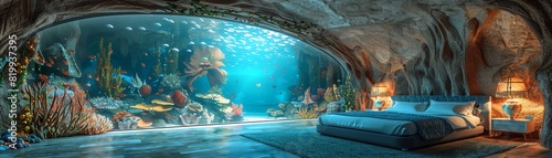 Underwaterthemed bedroom with aquarium walls, marine life projections, and a bed shaped like a seashell, Fantasy, Digital Art photo