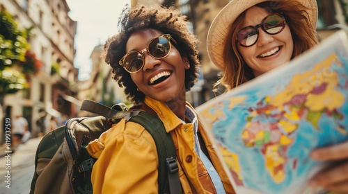 Two happy young women are looking at a map while exploring a new city. They are both smiling and wearing sunglasses.