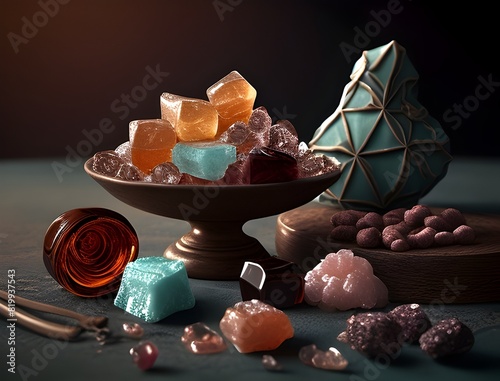 Artisanal Handcrafted Candy Arrangement with Baroque Influence and 3D Rendering