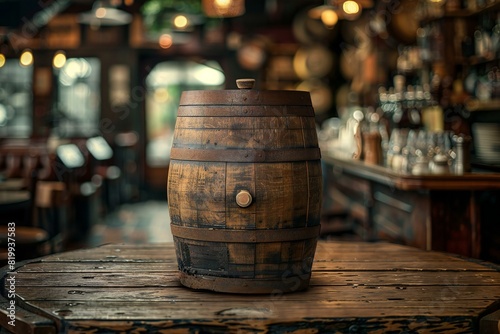 Featuring a wooden barrel is resting on a wooden table in a restaurant