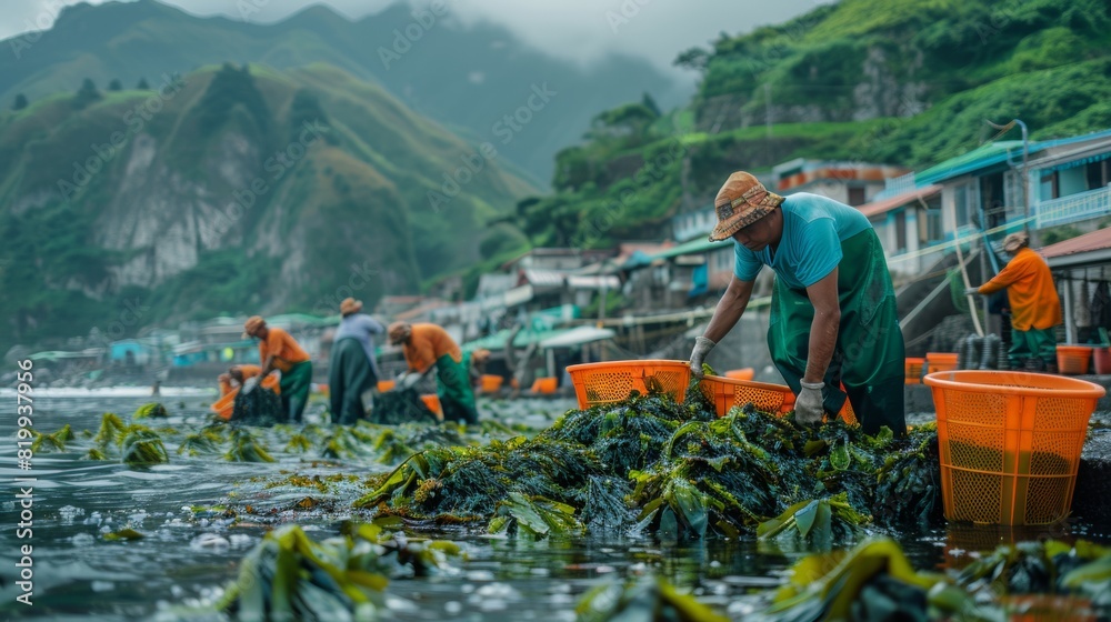 Obraz premium Early Morning Harvest: Local Workers Collecting Ascophyllum Seaweed at a Scenic Coastal Farm
