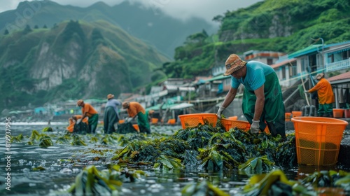 Early Morning Harvest: Local Workers Collecting Ascophyllum Seaweed at a Scenic Coastal Farm
