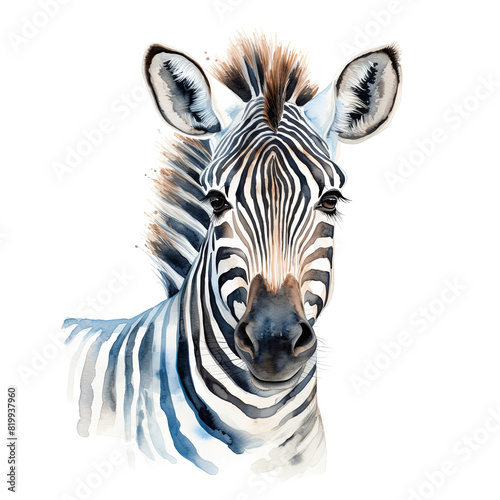 Zebra head. Digital watercolour painting on white background. Front view portrait.
