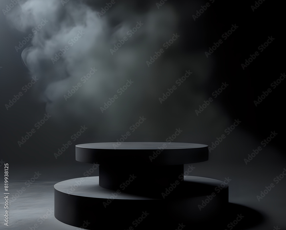 Platform product background dark black smoke abstract platform stage lights fog texture. Dramatic dark black floor platform, empty night room table and concrete wall scene showcasing a smoky dust stud