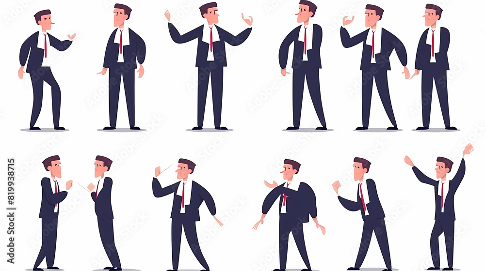 Set of businessman character vector design. Presentation in various action with emotions, running, standing and walking. People working in office planning, thinking and economic analysis Set of businessman character vector design. Presentation in various action with emotions, running, standing and walking. People working in office planning, thinking and economic analysis