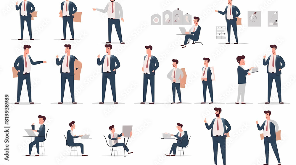 Set of businessman character vector design. Presentation in various action with emotions, running, standing and walking. People working in office planning, thinking and economic analysis