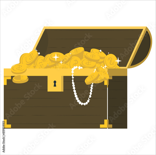 vintage wooden chest with golden coin vector illustration isolated on white background EPS10. Transparent objects and opacity masks used for shadows and lights drawing. Vector Illustration.
 photo