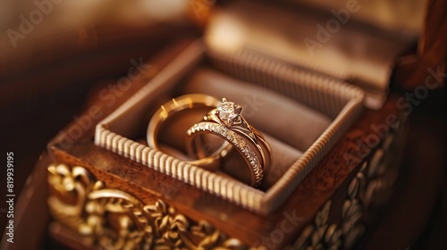 Two gold wedding rings sit in a carved wooden box.