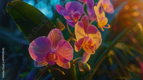 A pink orchid flower with yellow and white stripes on its petals is in focus  with blurred green leaves and orange lights in the background.