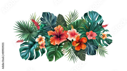 A painting featuring vibrant tropical flowers and lush green leaves on a transparent background
