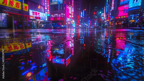 Rain-Soaked Streets Radiate Ethereal Glow from Neon Lights © pkproject
