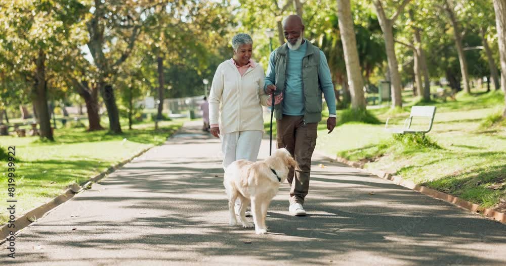 Couple, senior people and pet in park with smile for walk, exercise and fitness on retirement in New York. Relationship, dog and happy with workout outdoor for health, wellness and bonding with love