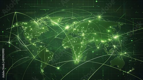 Green digital world map with glowing connections and network lines