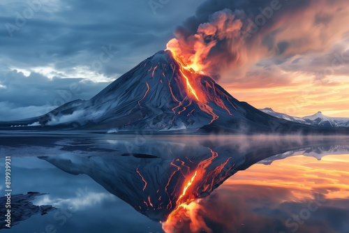 Stunning Volcano Eruption with Molten Lava Flow and Smoke Clouds in the Night Sky