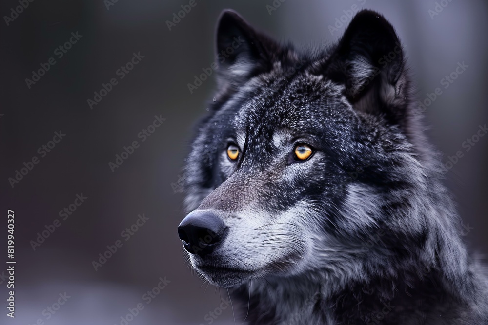 Digital artwork of the black and white wolf head has a bright yellow eye