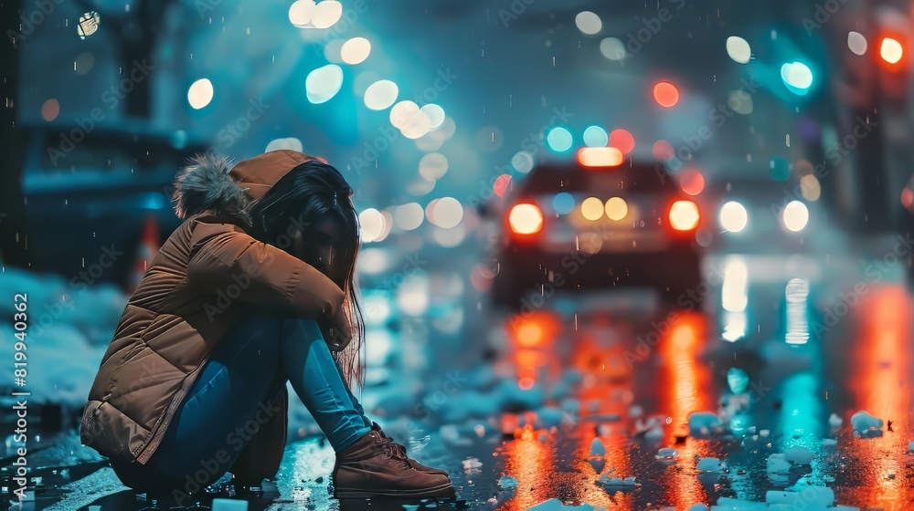The image shows a lonely girl sitting on the sidewalk with her head in her hands