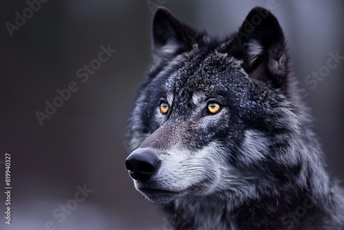 Digital artwork of the black and white wolf head has a bright yellow eye