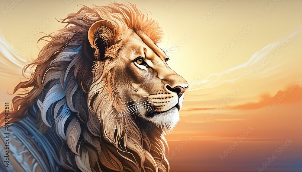 Fototapeta premium A close-up portrait of a lion in profile against a smooth, golden background. 