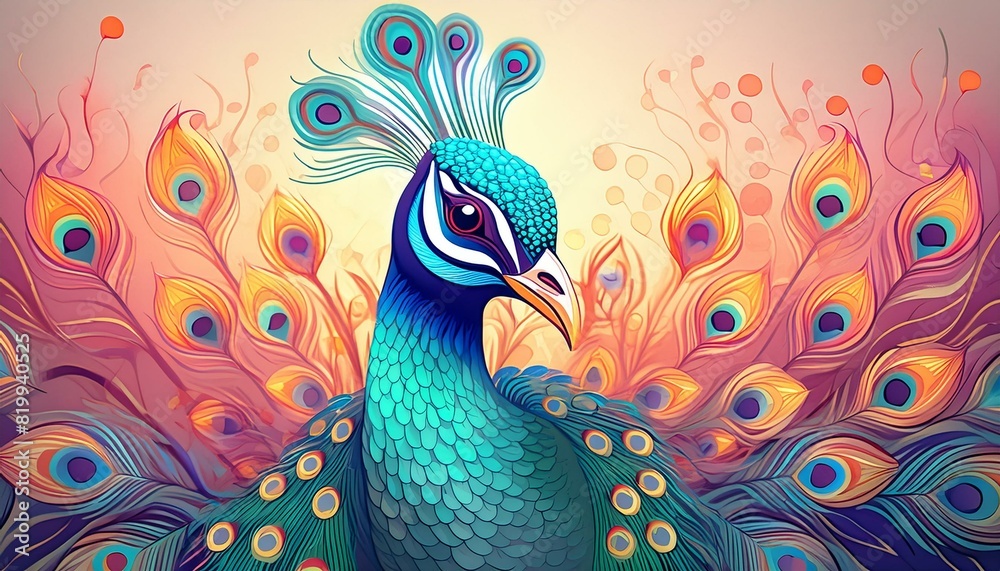 Fototapeta premium A colorful peacock with a proud, elegant smile, displayed against a plain, soft-colored back