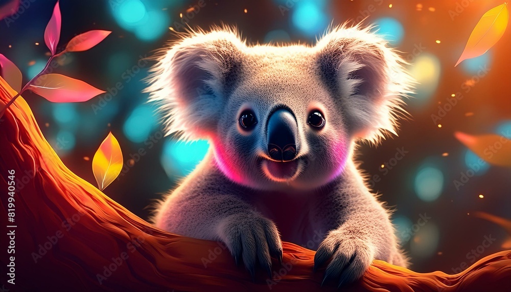 A cute koala smiling proudly, positioned against a simple, eucalyptus tree backdrop 