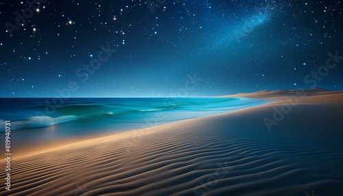 A quiet beach at night with smooth sand and gentle waves. The horizon is a dark  starry sky .