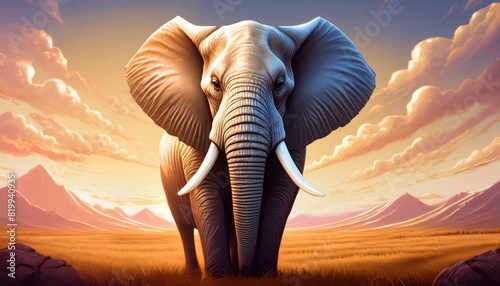 A wise elephant with a gentle, proud smile, standing in front of a calm savannah landscape  photo