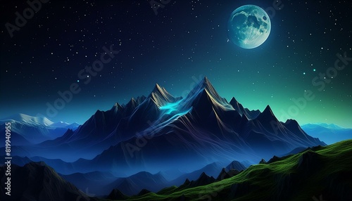 landscape with stars.  Majestic mountains outlined against a starry sky  with gentle moonlight highlighting