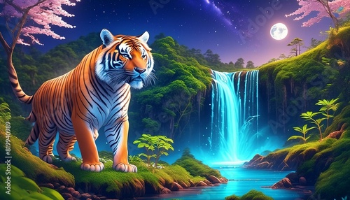 Tiger by a Waterfall- A tiger standing by a gentle waterfall at night, smiling proudly.  photo