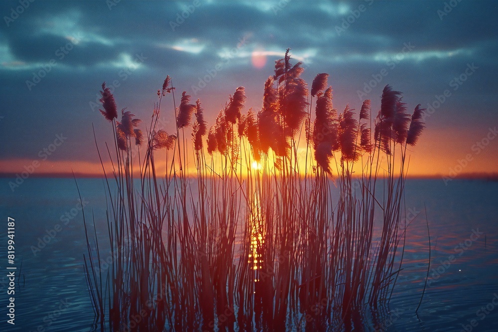 Digital artwork of reed plants silhouetted , high quality, high resolution