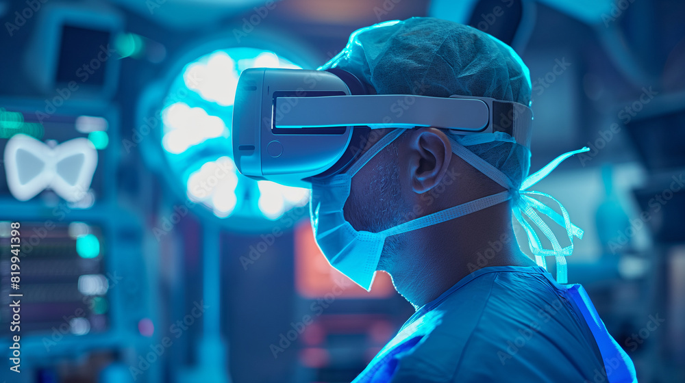 A surgeon using VR glasses for a simulated operation in a medical facility, illustrating VR in healthcare. A surgeon using VR glasses for a simulated operation in a medical facility, illustrating VR in healthcare.