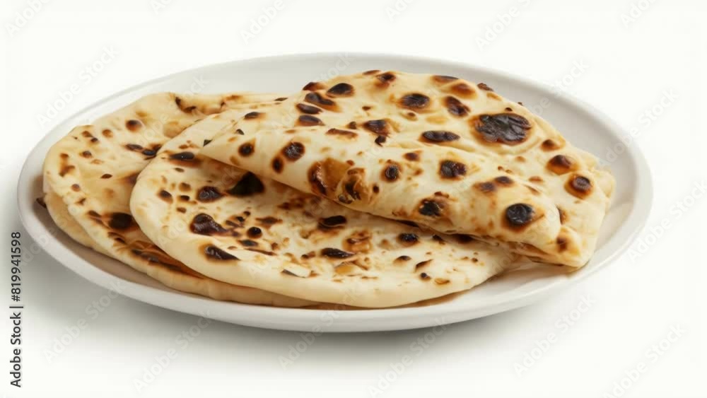 Three pieces of flatbread with burnt edges sit on a white plate Three pieces of flatbread with burnt edges sit on a white plate