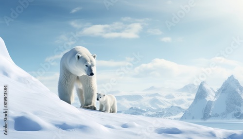 Polar bears walks in extreme winter weather  standing above snow with a view of the frost mountains
