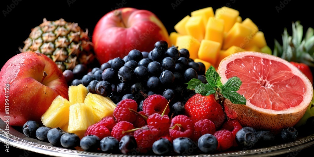 Plate filled with various fresh fruits on silver platter Plate filled with various fresh fruits on silver platter
