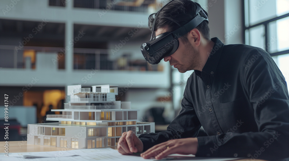 An architect reviewing a building design with VR glasses in an office, highlighting VR in architecture. An architect reviewing a building design with VR glasses in an office, highlighting VR in architecture.