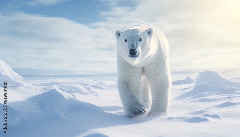 Polar bears walks in extreme winter weather, standing above snow with a view of the frost mountains Polar bears walks in extreme winter weather, standing above snow with a view of the frost mountains