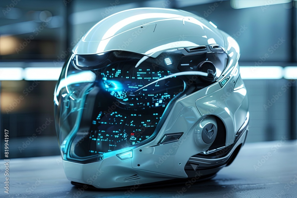 Fototapeta premium A helmet with a futuristic design, showcasing augmented reality features for enhanced functionality and style