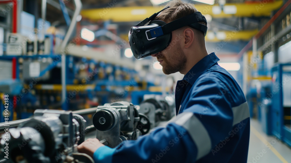 A factory worker training on machinery with VR glasses in a plant, demonstrating VR in industrial training. A factory worker training on machinery with VR glasses in a plant, demonstrating VR in industrial training.