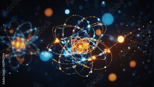 Abstract depiction of atom with orbiting electrons and protons, a conceptual illustration.