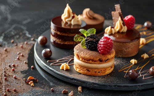 Assortment of delicious gourmet desserts on a black plate, featuring chocolate cakes and berry-topped pastries in a dark moody setting. photo