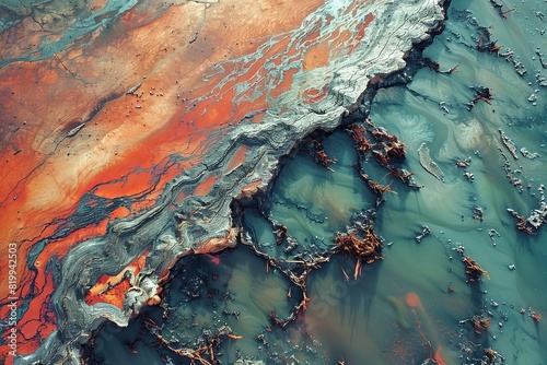 Digital artwork of the satellite image shows reddishbrown rocks, marsh water and water from an unidentified place photo