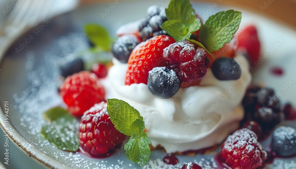 Delicious dessert pavlova with fresh mixed berries and whipped cream garnished with mint leaves on a plate, perfect for a gourmet treat. Delicious dessert pavlova with fresh mixed berries and whipped cream garnished with mint leaves on a plate, perfect for a gourmet treat.