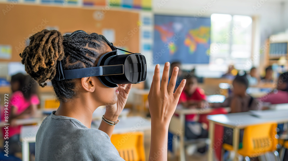 A teacher conducting an immersive lesson with VR glasses in a classroom, demonstrating VR in education. A teacher conducting an immersive lesson with VR glasses in a classroom, demonstrating VR in education.
