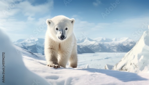 Polar bears walks in extreme winter weather, standing above snow with a view of the frost mountains