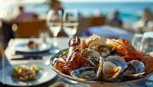 Exquisite seafood platter with lobster, clams, and shrimp served at an elegant seaside restaurant, perfect for a luxury dining experience.