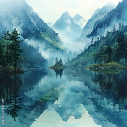 landscape poster design with amazing water mirror reflection and artistic watercolor style 