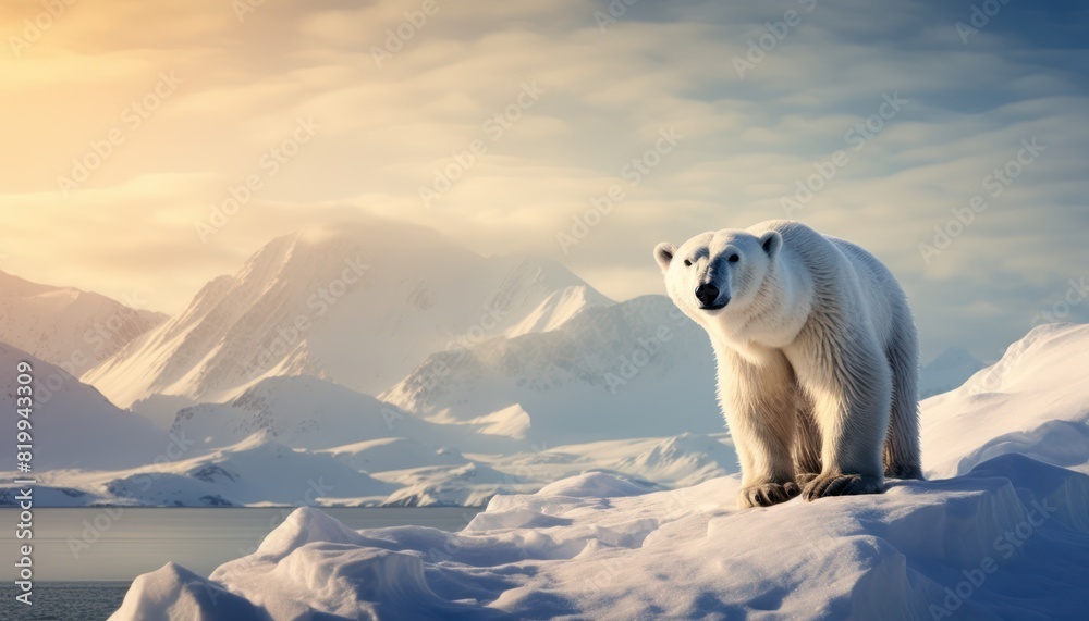 Polar bears walks in extreme winter weather, standing above snow with a view of the frost mountains Polar bears walks in extreme winter weather, standing above snow with a view of the frost mountains