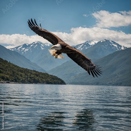 An eagle soaring over a serene bay with mountains rising in the background.  